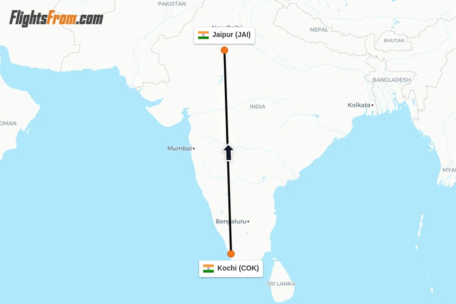 Flights from Kochi to Jaipur route map