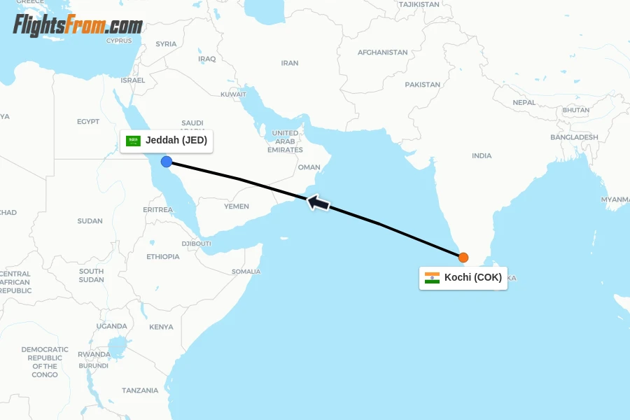 Flights from Kochi to Jeddah route map