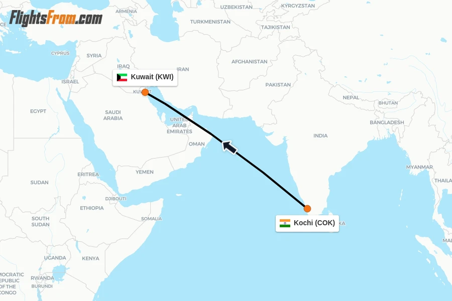 Flights from Kochi to Kuwait route map