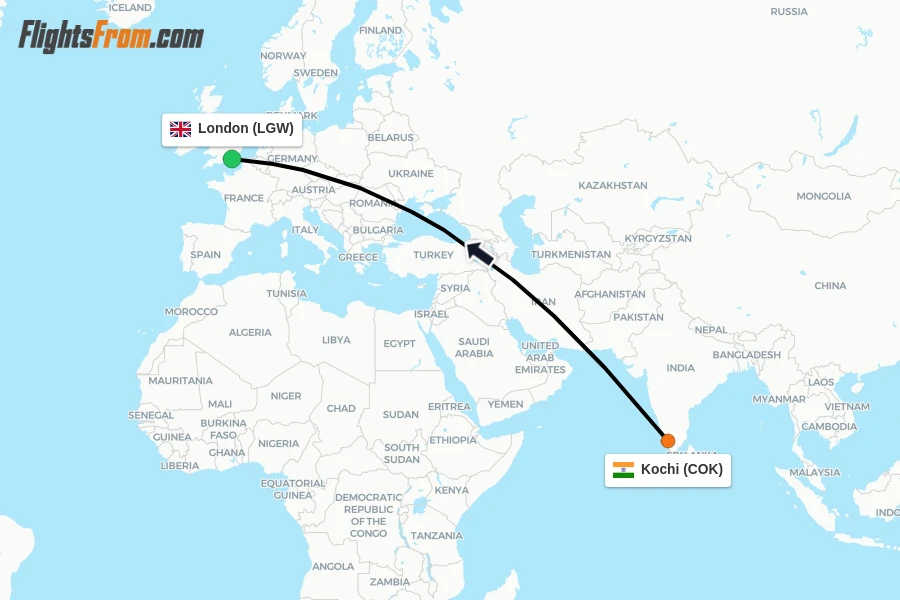 Flights from Kochi to London route map