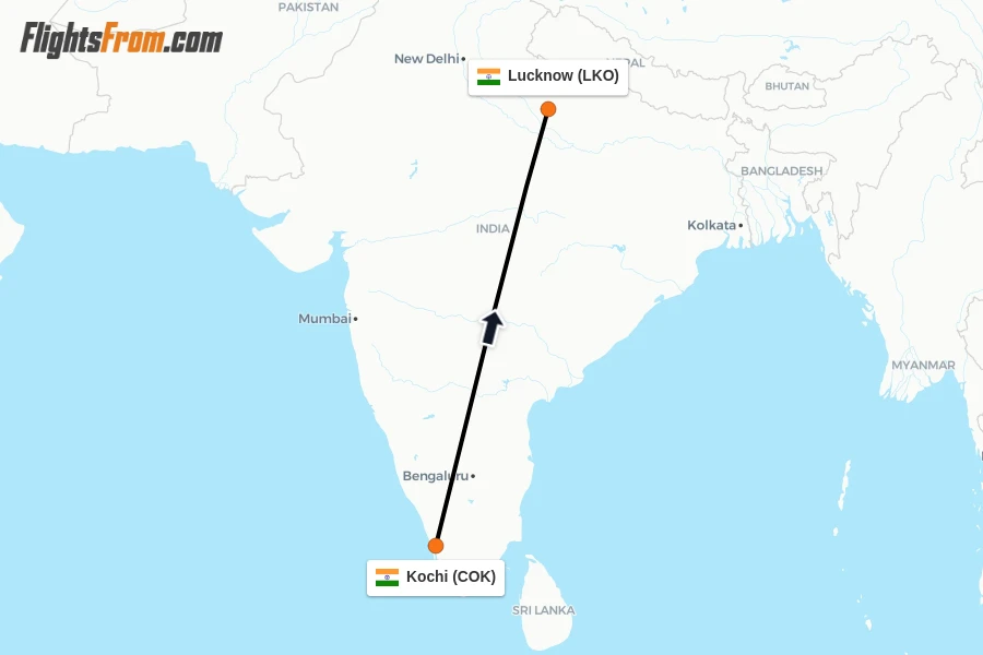 Flights from Kochi to Lucknow route map
