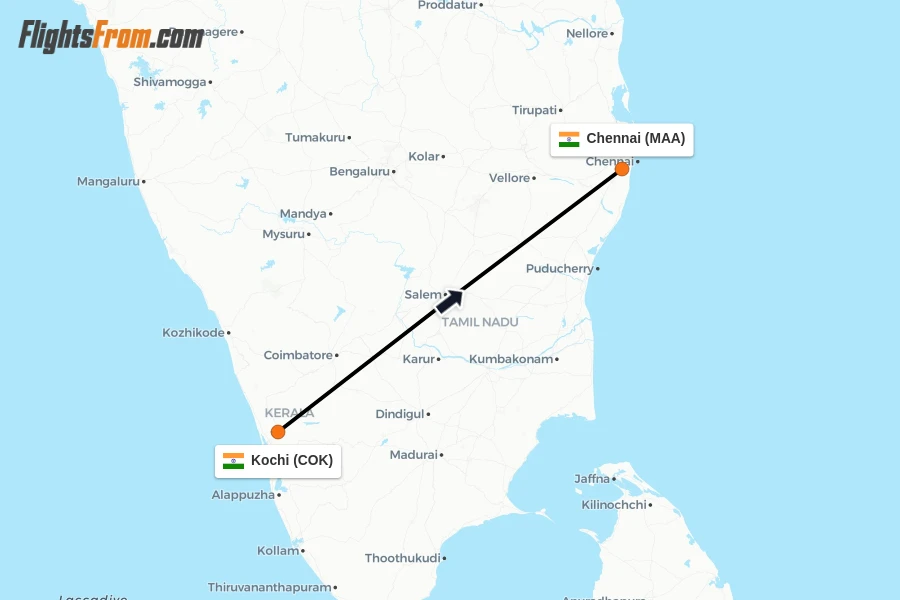 Flights from Kochi to Chennai route map
