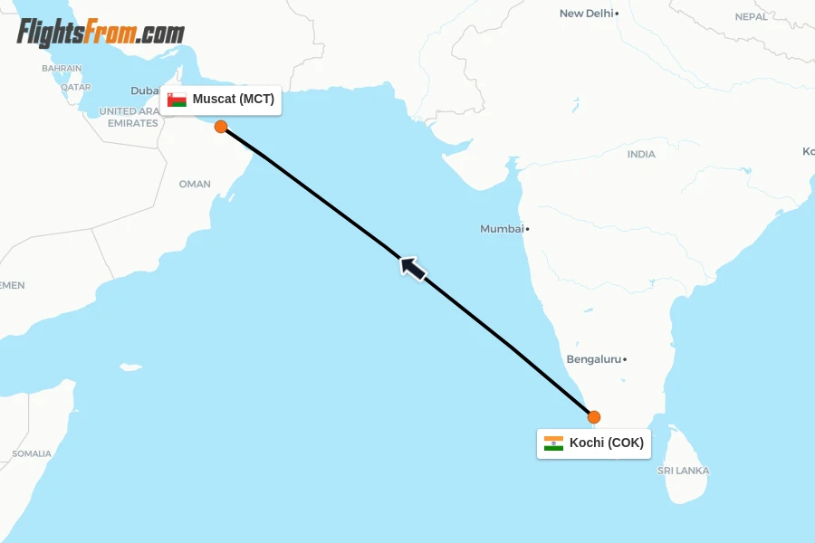 Flights from Kochi to Muscat route map