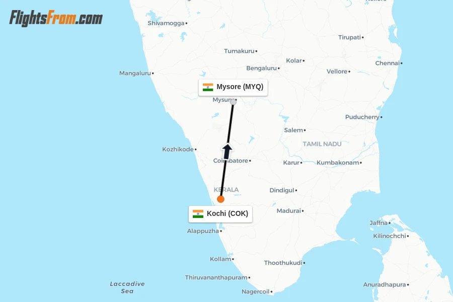 Flights from Kochi to Mysore route map