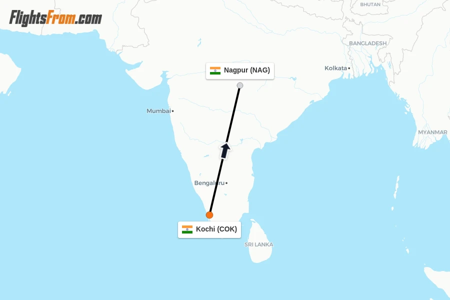 Flights from Kochi to Nagpur route map
