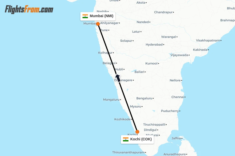 Flights from Kochi to Mumbai route map