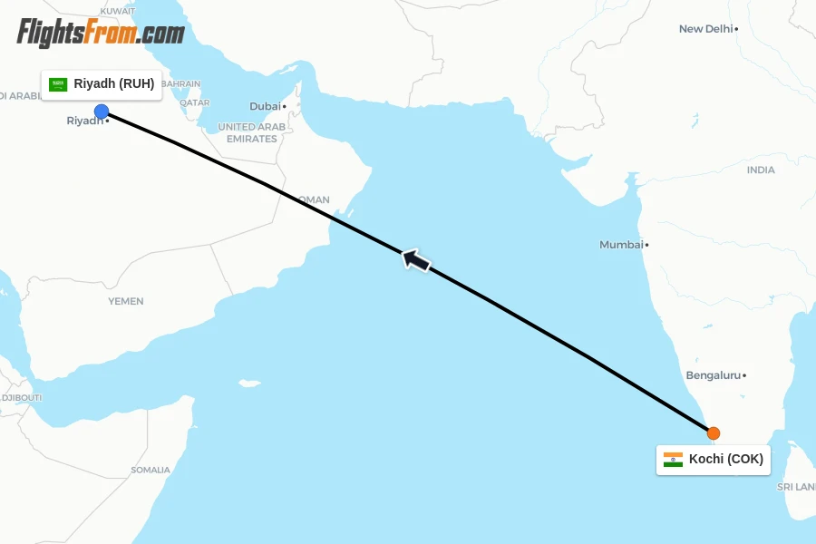 Flights from Kochi to Riyadh route map