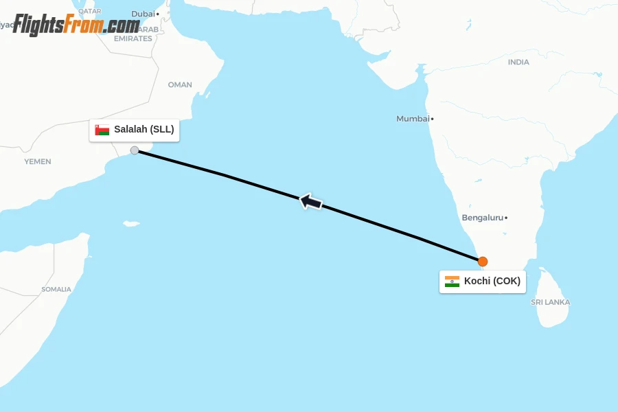 Flights from Kochi to Salalah route map