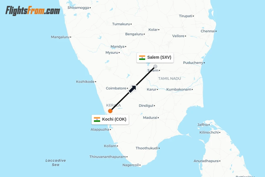 Flights from Kochi to Salem route map
