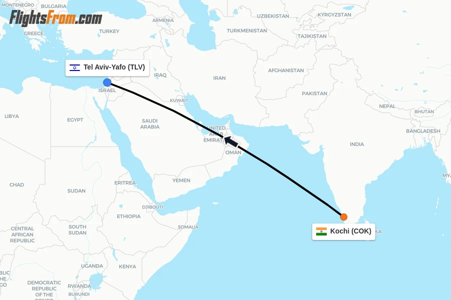 Flights from Kochi to Tel Aviv-Yafo route map