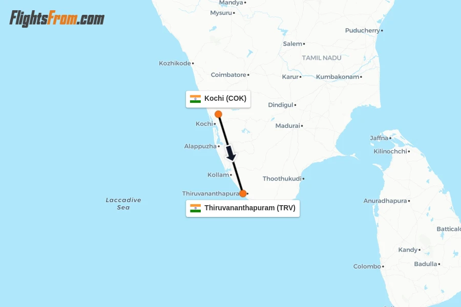 Flights from Kochi to Thiruvananthapuram route map