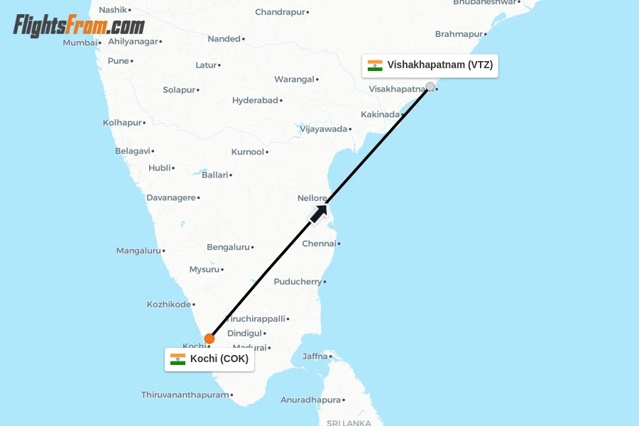 Flights from Kochi to Vishakhapatnam route map