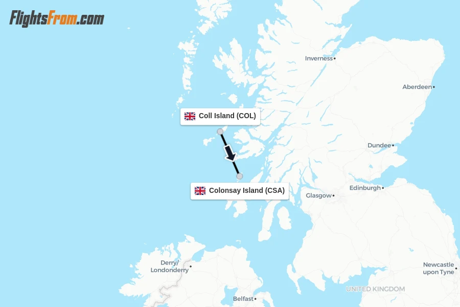 Flights from Coll Island to Colonsay Island route map
