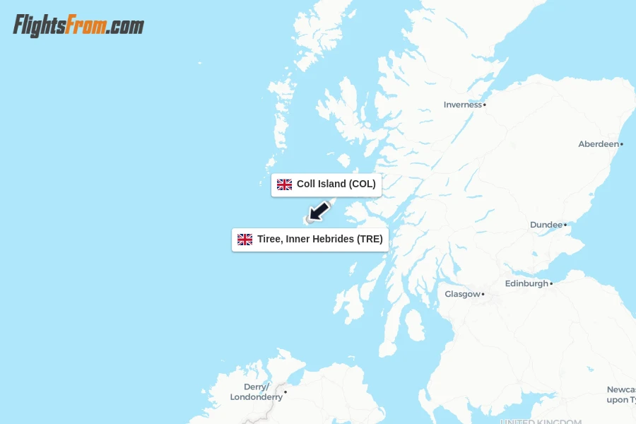 Flights from Coll Island to Tiree, Inner Hebrides route map