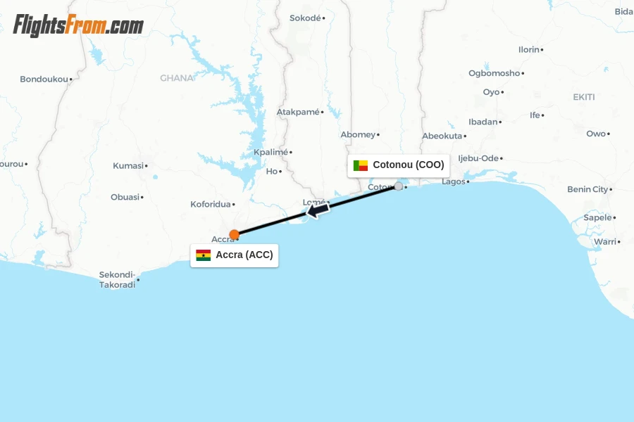 Flights from Cotonou to Accra route map