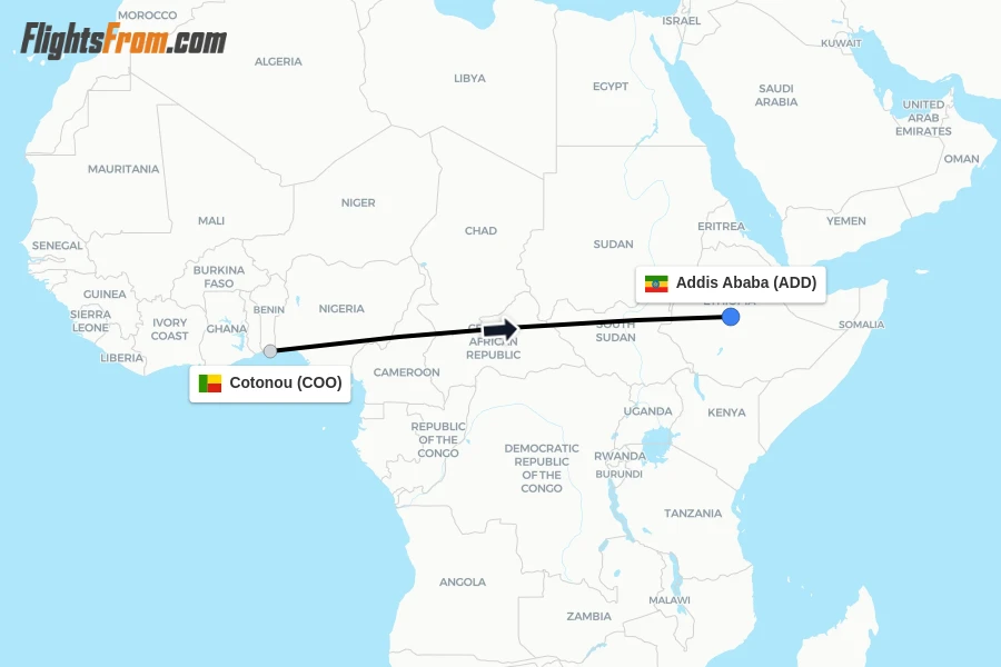 Flights from Cotonou to Addis Ababa route map