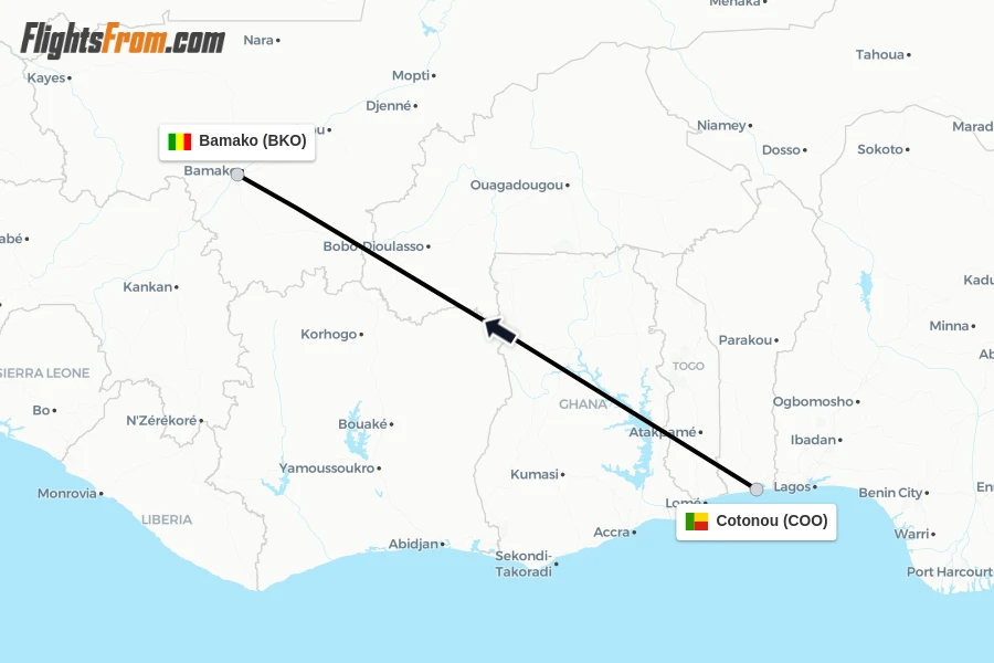 Flights from Cotonou to Bamako route map