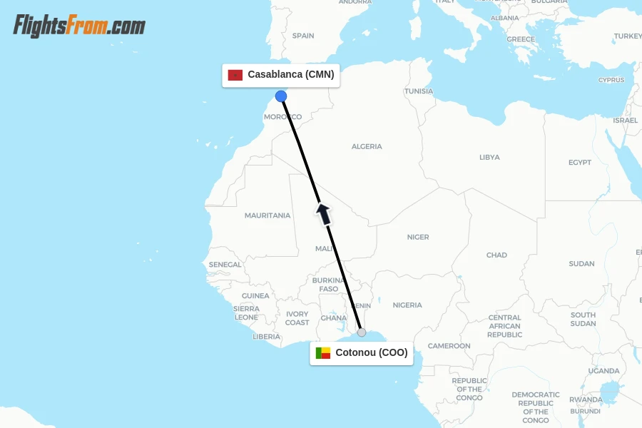 Flights from Cotonou to Casablanca route map