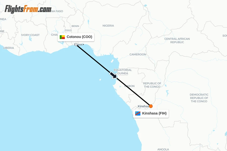 Flights from Cotonou to Kinshasa route map