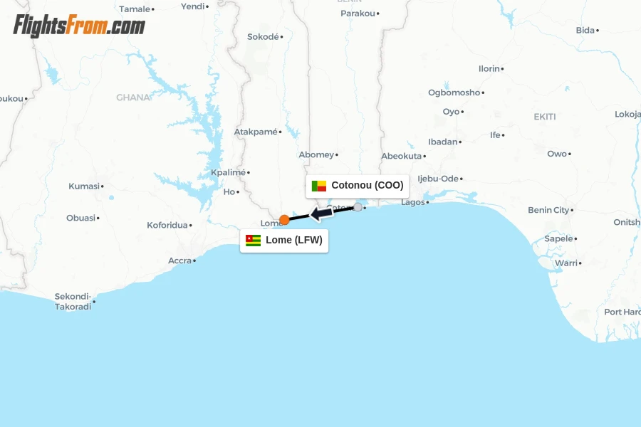 Flights from Cotonou to Lome route map