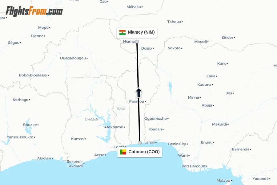 Flights from Cotonou to Niamey route map