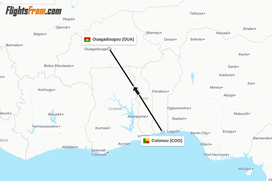 Flights from Cotonou to Ouagadougou route map