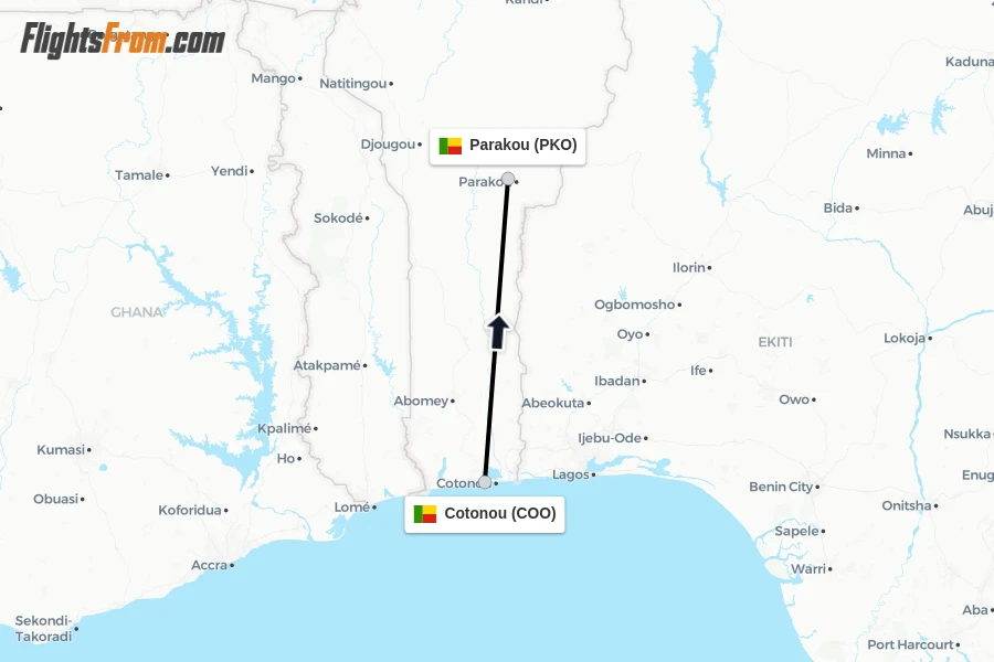 Flights from Cotonou to Parakou route map