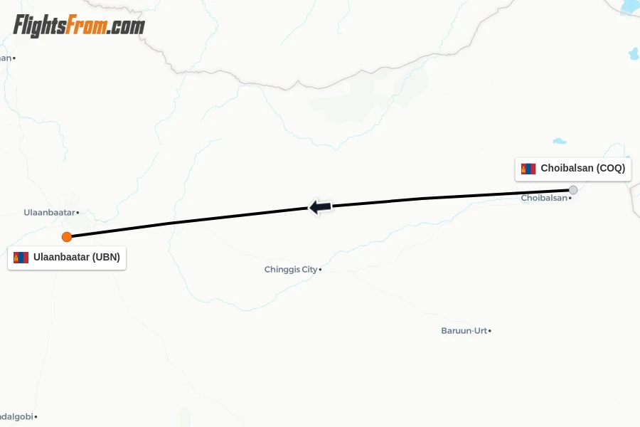 Flights from Choibalsan to Ulaanbaatar route map