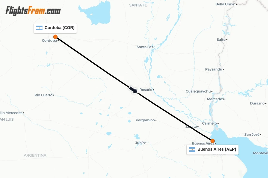 Flights from Cordoba to Buenos Aires route map