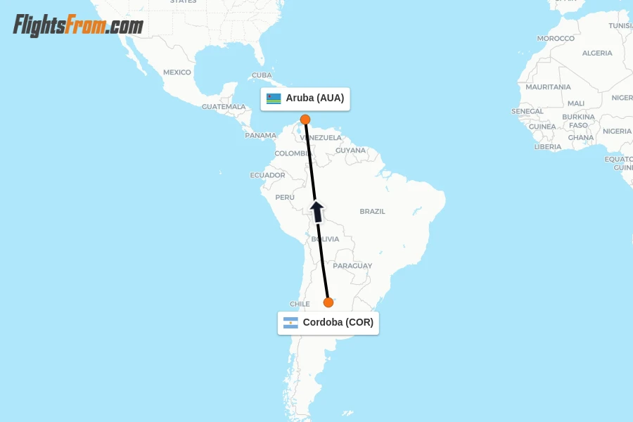 Flights from Cordoba to Aruba route map