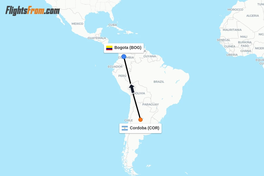 Flights from Cordoba to Bogota route map