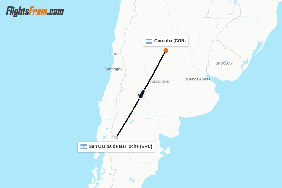 Flights from Cordoba to San Carlos de Bariloche route map