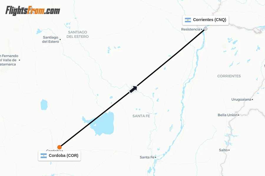 Flights from Cordoba to Corrientes route map