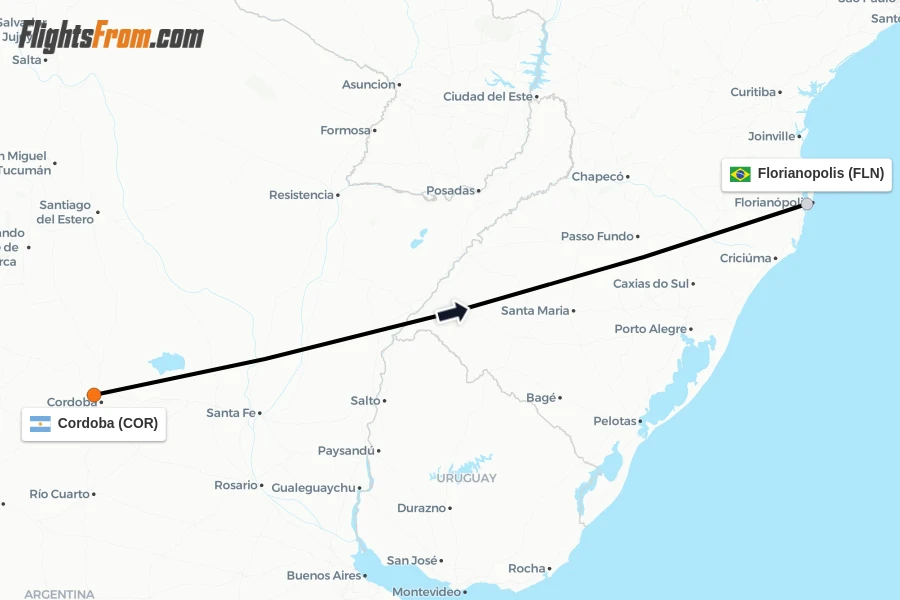 Flights from Cordoba to Florianopolis route map