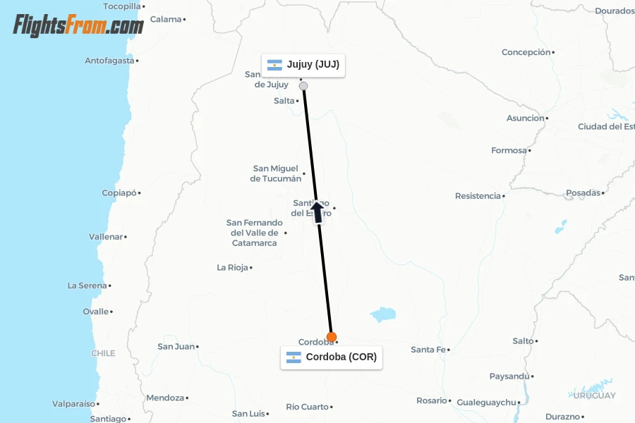Flights from Cordoba to Jujuy route map
