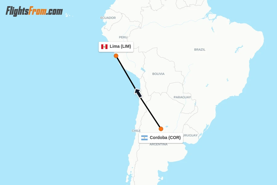 Flights from Cordoba to Lima route map