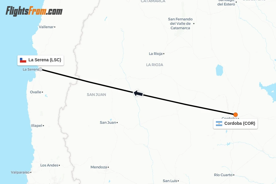 Flights from Cordoba to La Serena route map