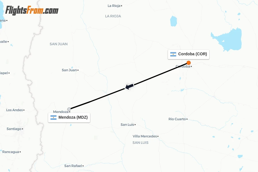 Flights from Cordoba to Mendoza route map