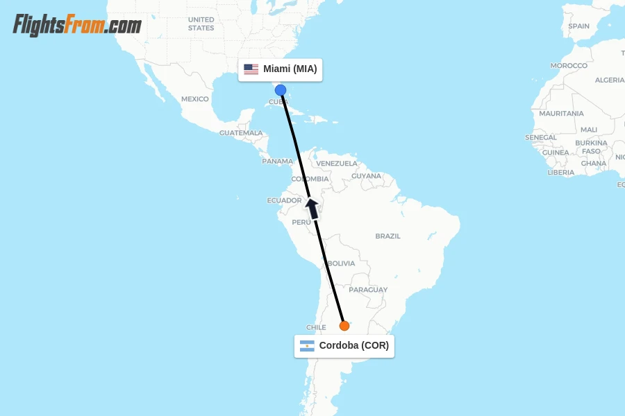 Flights from Cordoba to Miami route map