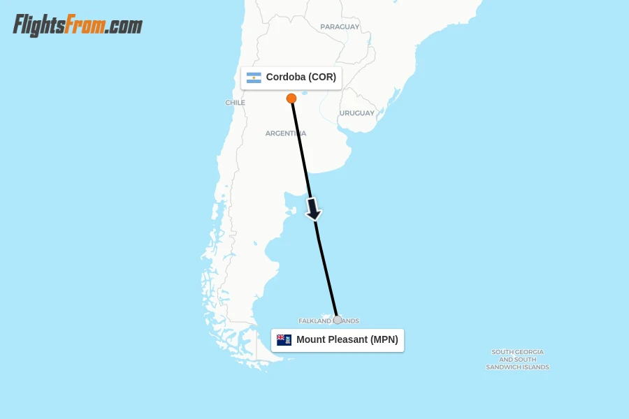 Flights from Cordoba to Mount Pleasant route map