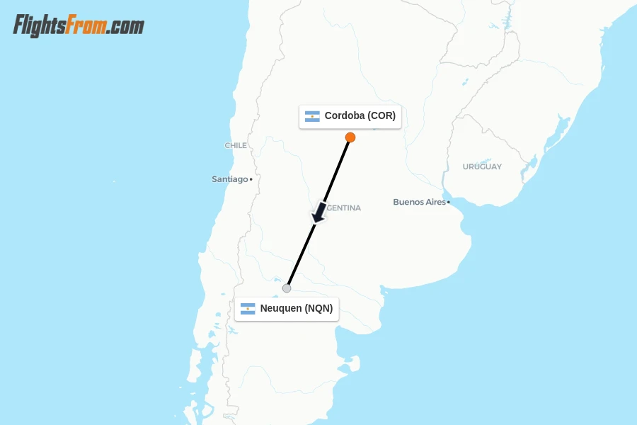 Flights from Cordoba to Neuquen route map