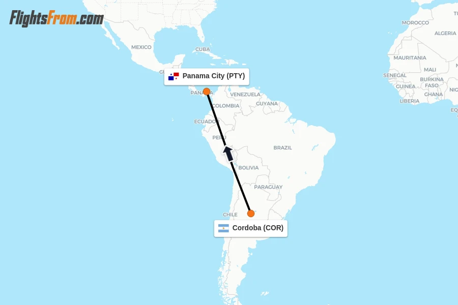 Flights from Cordoba to Panama City route map