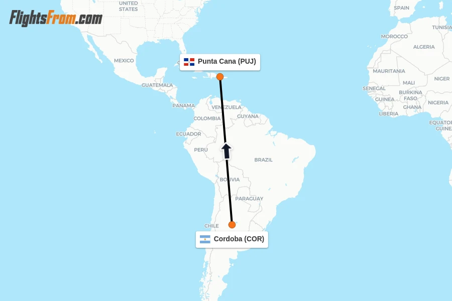 Flights from Cordoba to Punta Cana route map