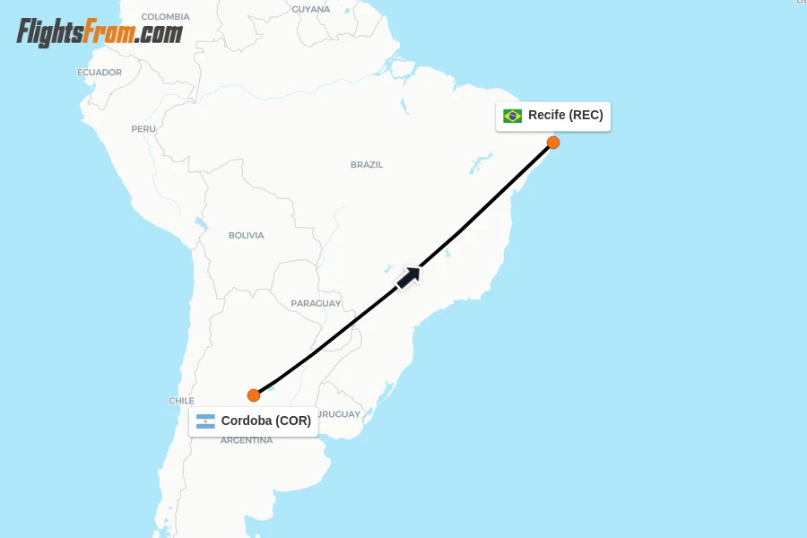 Flights from Cordoba to Recife route map