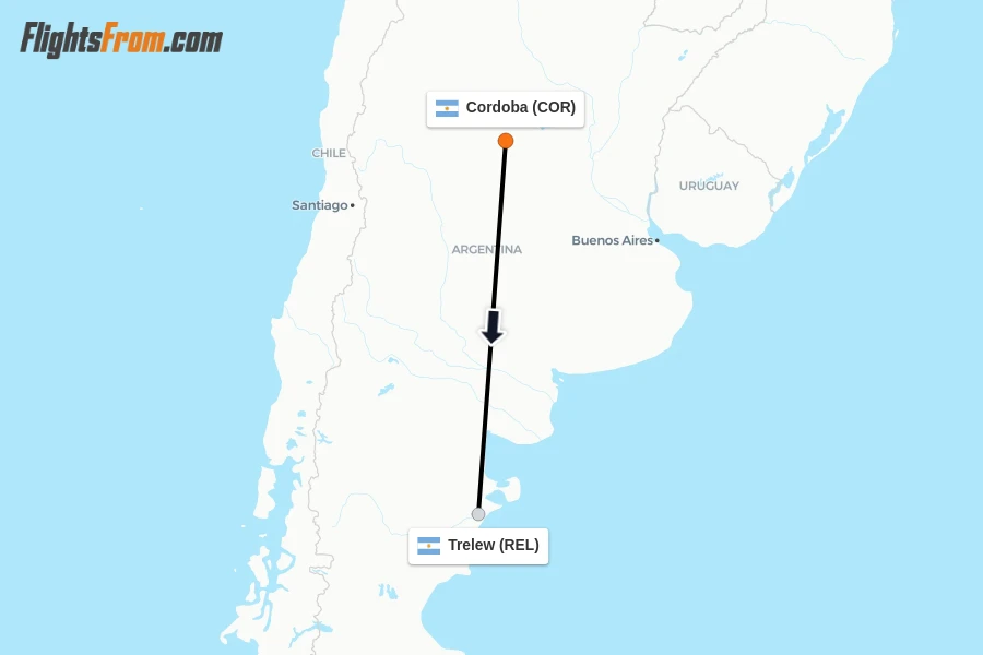 Flights from Cordoba to Trelew route map
