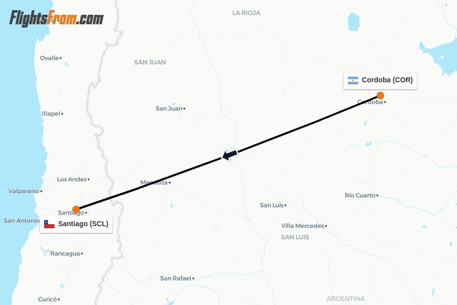Flights from Cordoba to Santiago route map