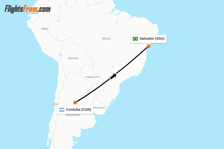 Flights from Cordoba to Salvador route map