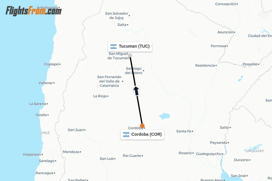 Flights from Cordoba to Tucuman route map