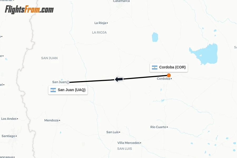 Flights from Cordoba to San Juan route map