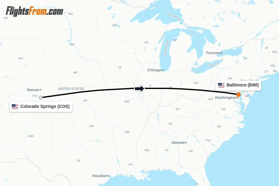 Flights from Colorado Springs to Baltimore route map